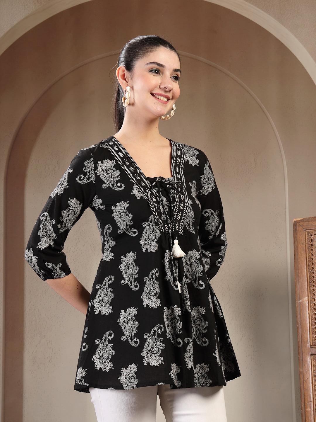 Cotton Hip Length Printed 3/4 Sleeves V-Neck Flared Top