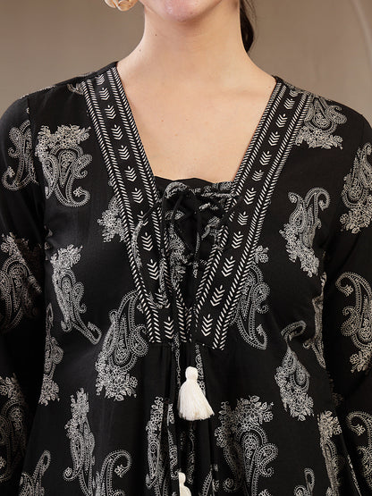 Cotton Hip Length Printed 3/4 Sleeves V-Neck Flared Top (Pre-Order)