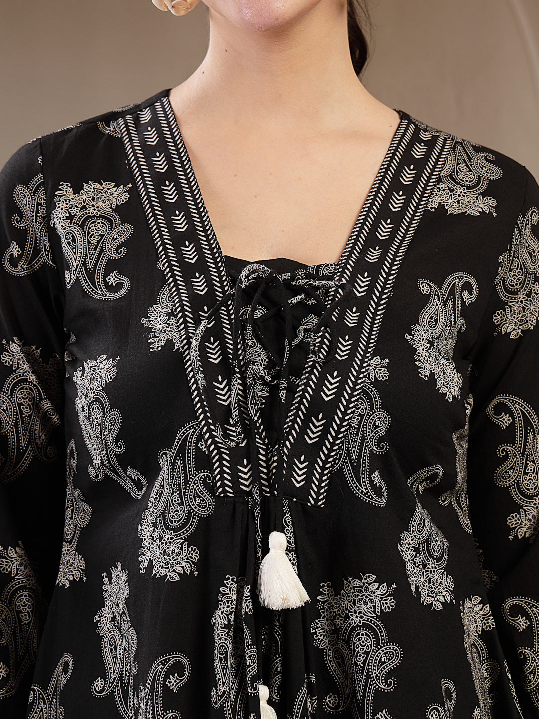 Cotton Hip Length Printed 3/4 Sleeves V-Neck Flared Top