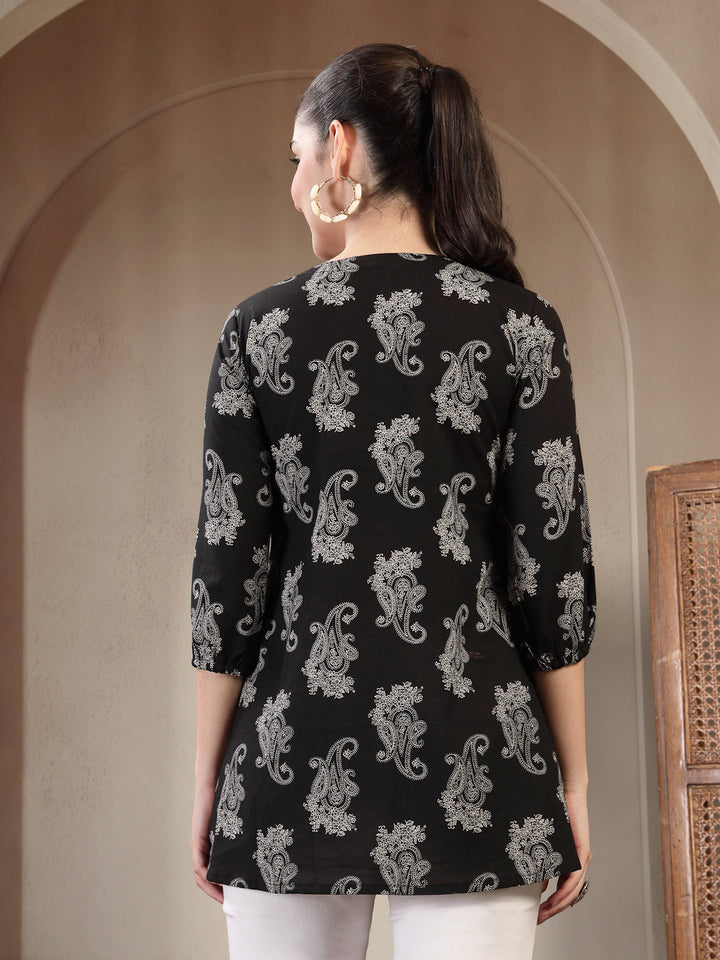 Cotton Hip Length Printed 3/4 Sleeves V-Neck Flared Top