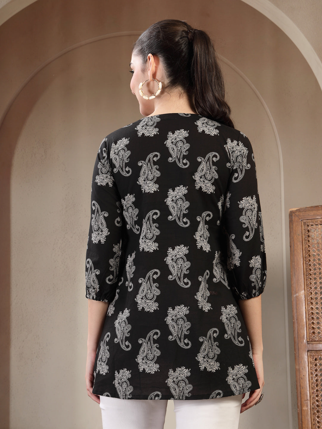 Cotton Hip Length Printed 3/4 Sleeves V-Neck Flared Top (Pre-Order)