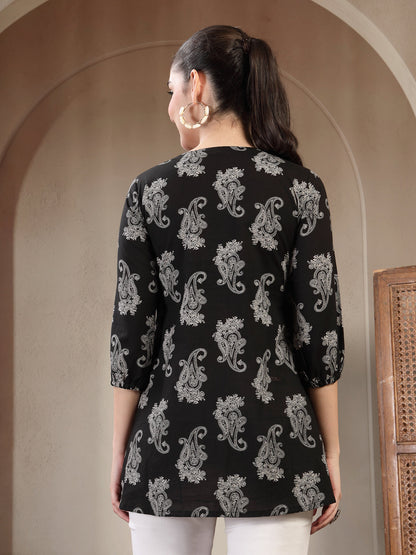 Cotton Hip Length Printed 3/4 Sleeves V-Neck Flared Top (Pre-Order)