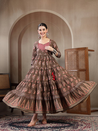 Cotton Ankle Length Printed 3/4 Sleeves Sweetheart Neck Anarkali Kurta