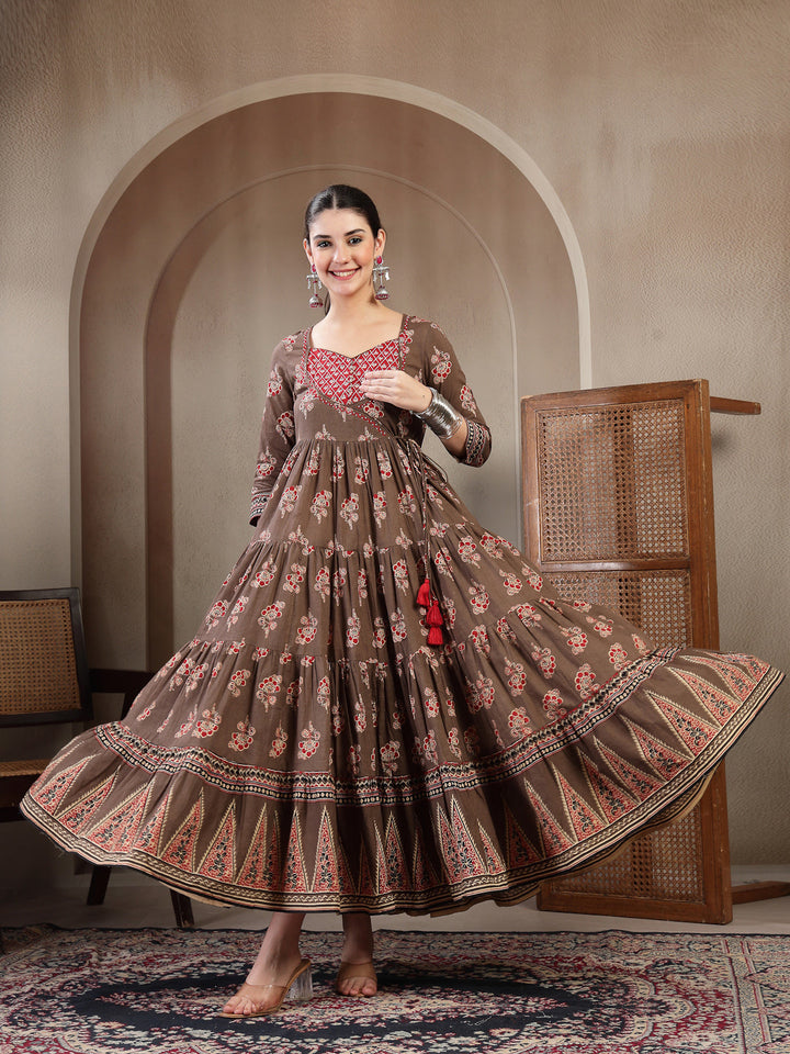 Cotton Ankle Length Printed 3/4 Sleeves Sweetheart Neck Anarkali Kurta