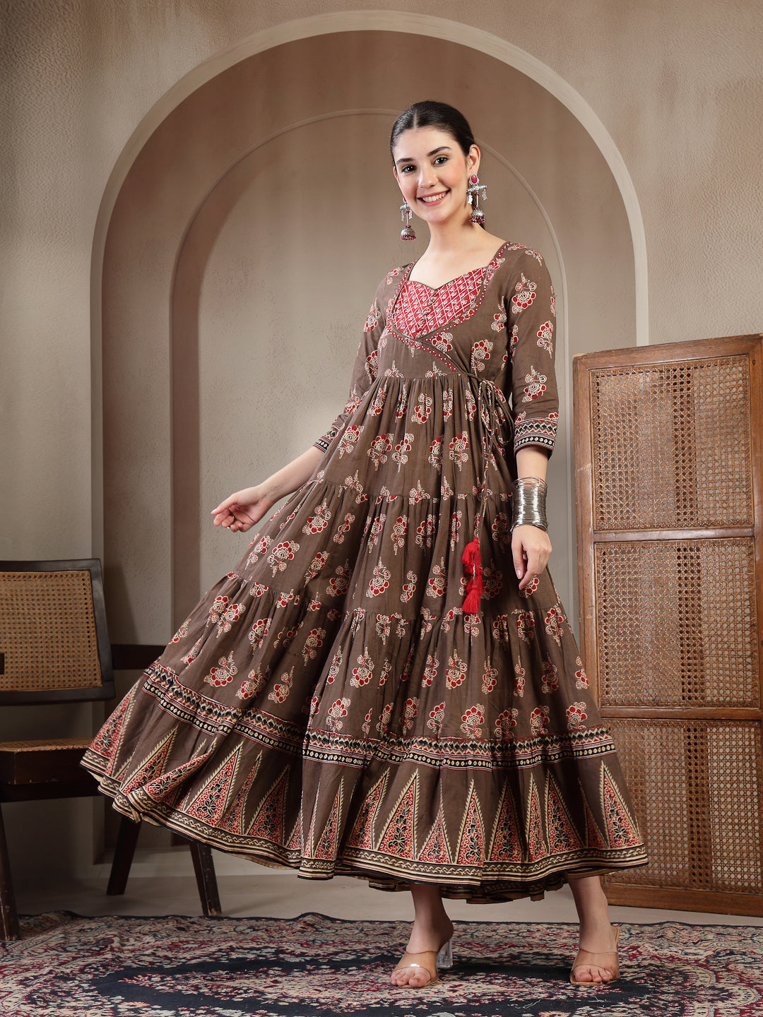 Cotton Ankle Length Printed 3/4 Sleeves Sweetheart Neck Anarkali Kurta