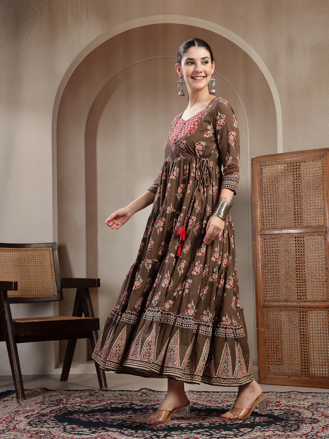 Cotton Ankle Length Printed 3/4 Sleeves Sweetheart Neck Anarkali Kurta