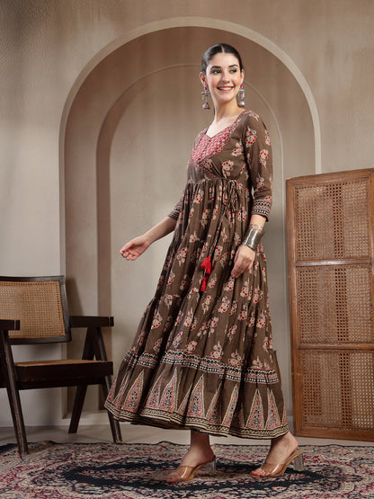 Cotton Ankle Length Printed 3/4 Sleeves Sweetheart Neck Anarkali Kurta