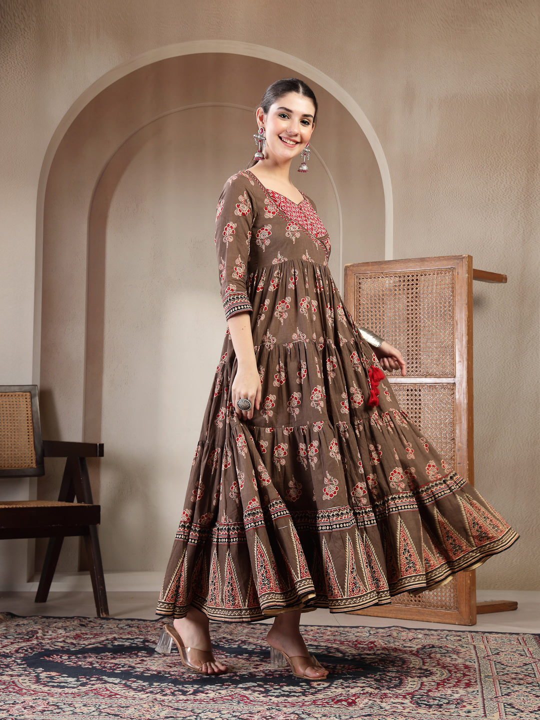 Cotton Ankle Length Printed 3/4 Sleeves Sweetheart Neck Anarkali Kurta