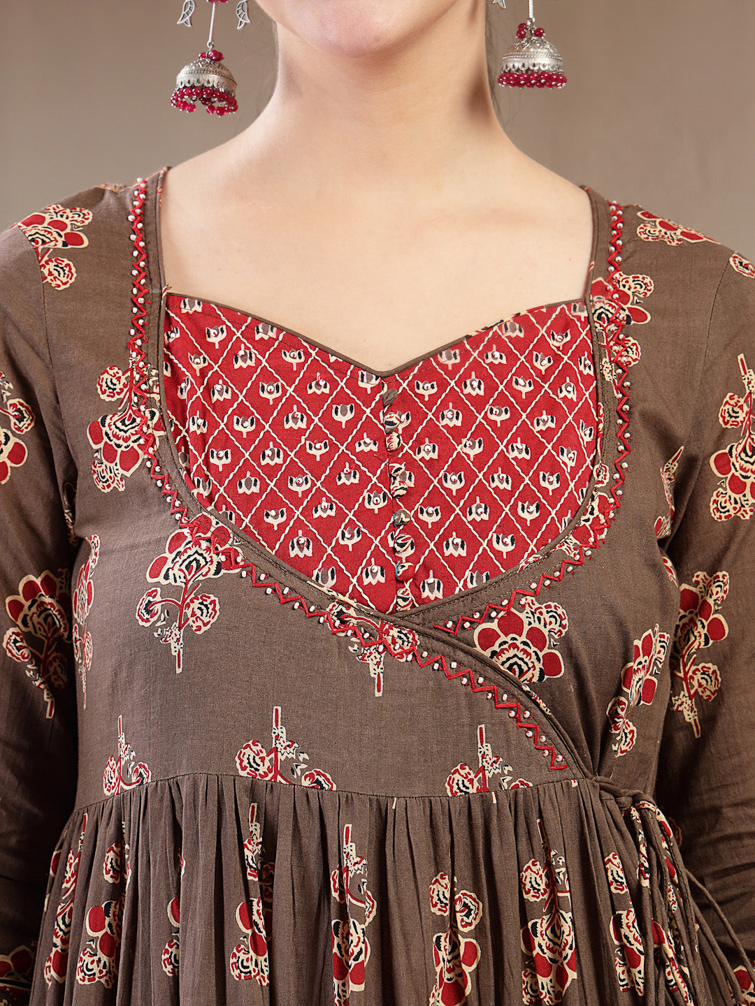 Cotton Ankle Length Printed 3/4 Sleeves Sweetheart Neck Anarkali Kurta