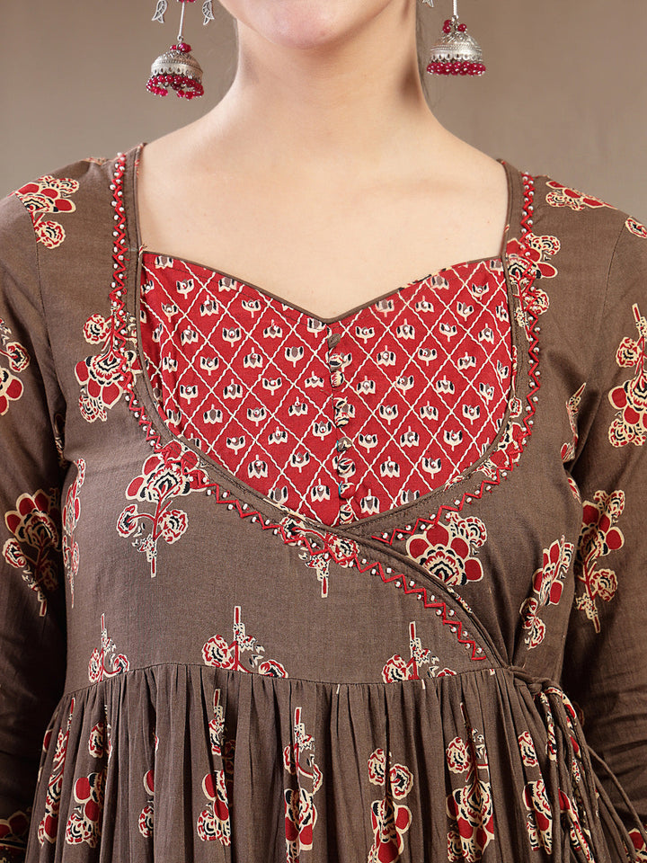 Cotton Ankle Length Printed 3/4 Sleeves Sweetheart Neck Anarkali Kurta