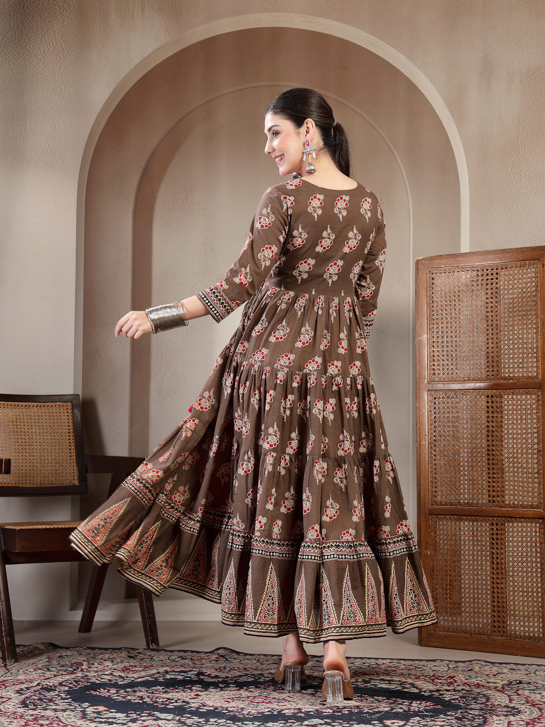Cotton Ankle Length Printed 3/4 Sleeves Sweetheart Neck Anarkali Kurta