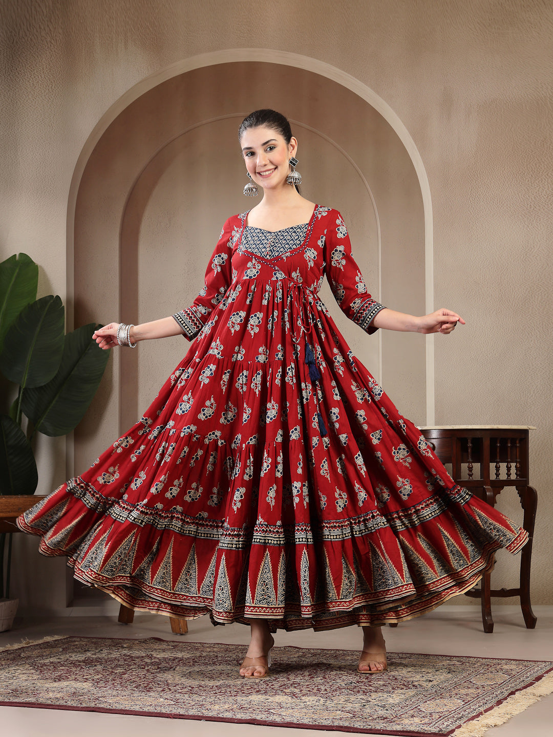 Cotton Ankle Length Printed 3/4 Sleeves Sweetheart Neck Anarkali Kurta (Pre-Order)