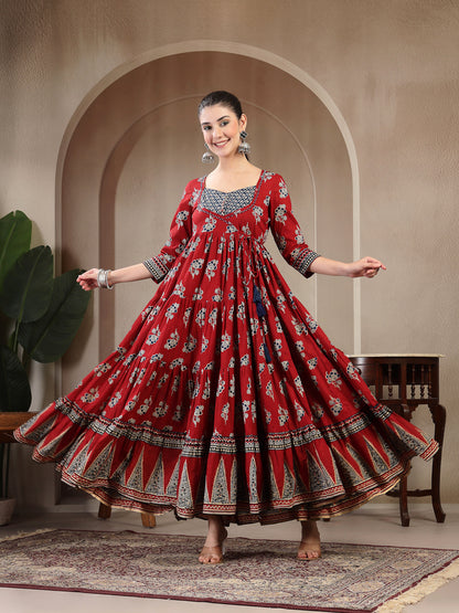 Cotton Ankle Length Printed 3/4 Sleeves Sweetheart Neck Anarkali Kurta