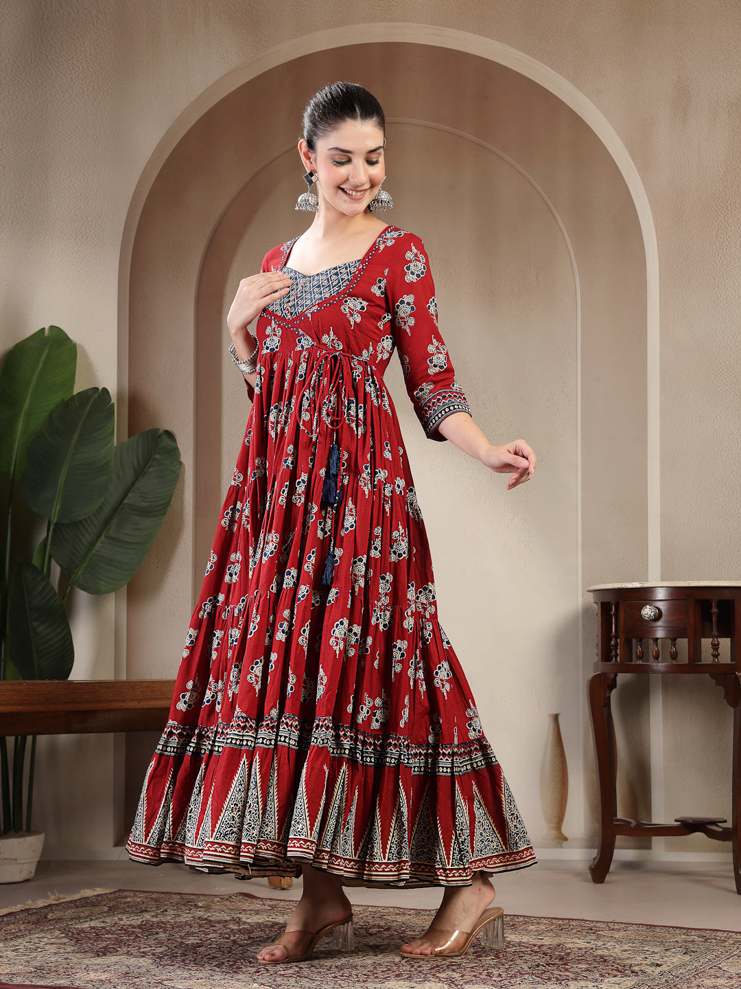 Cotton Ankle Length Printed 3/4 Sleeves Sweetheart Neck Anarkali Kurta