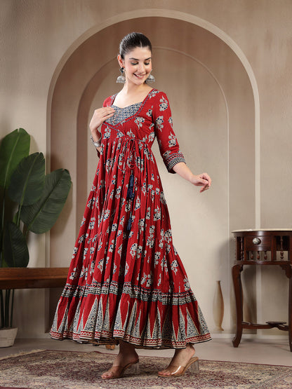 Cotton Ankle Length Printed 3/4 Sleeves Sweetheart Neck Anarkali Kurta