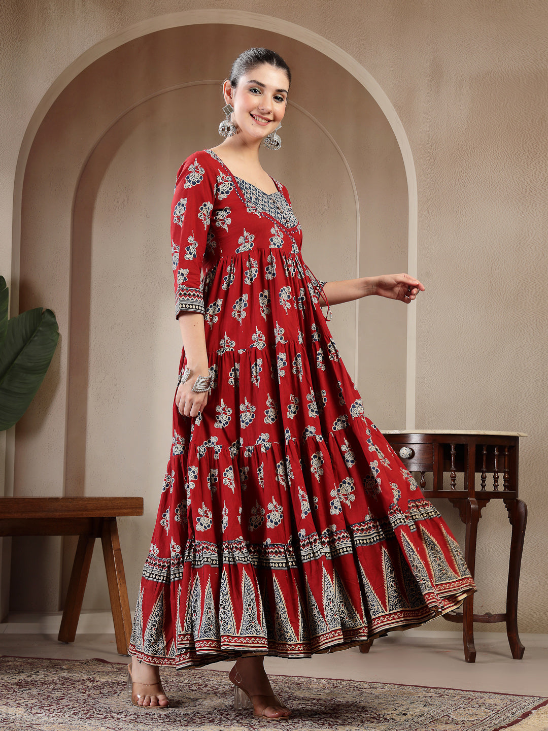 Cotton Ankle Length Printed 3/4 Sleeves Sweetheart Neck Anarkali Kurta
