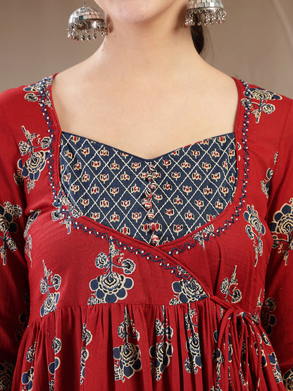 Cotton Ankle Length Printed 3/4 Sleeves Sweetheart Neck Anarkali Kurta (Pre-Order)