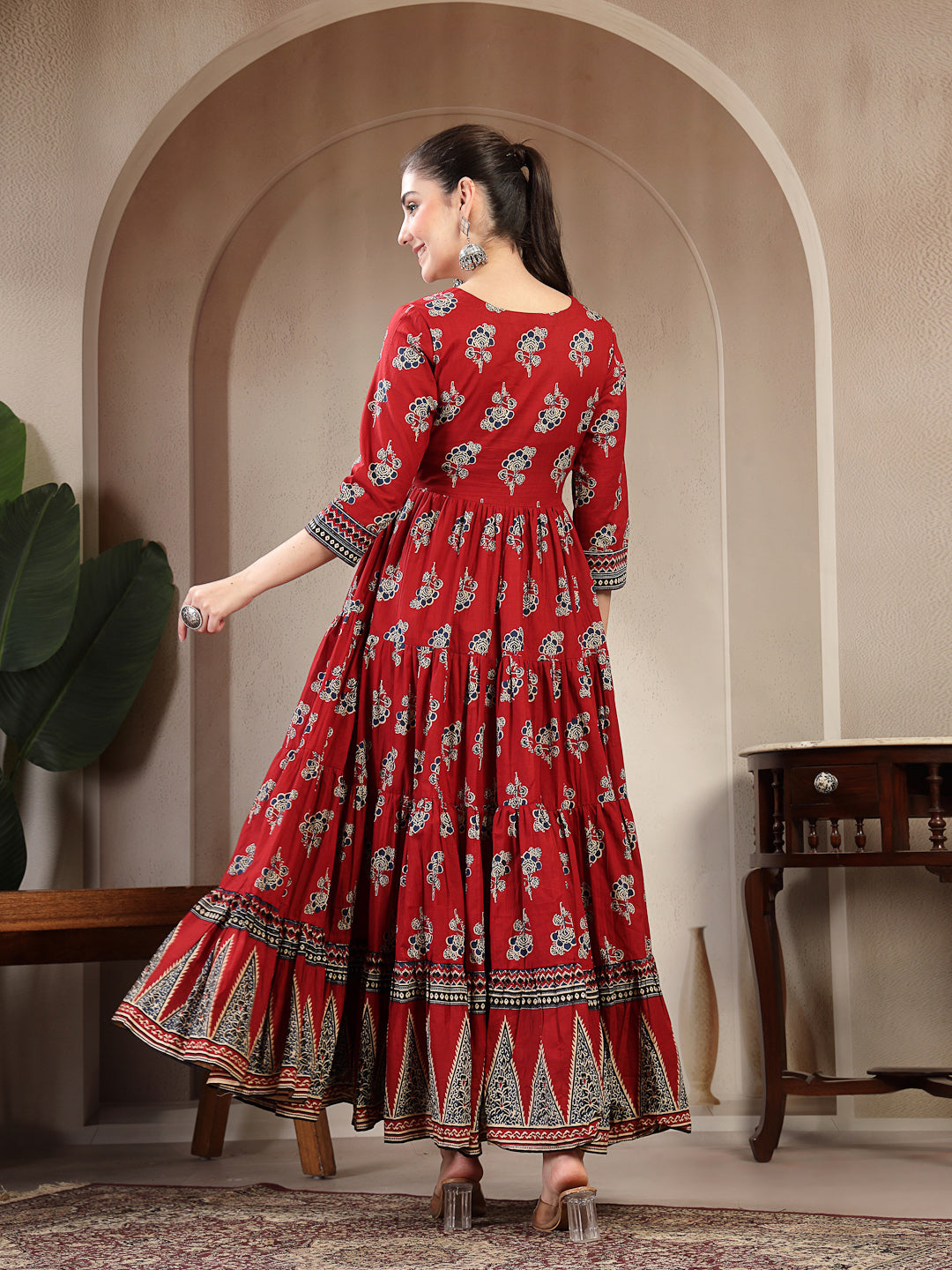Cotton Ankle Length Printed 3/4 Sleeves Sweetheart Neck Anarkali Kurta