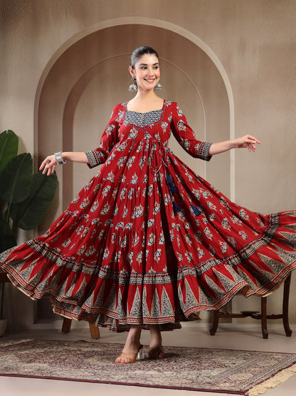 Cotton Ankle Length Printed 3/4 Sleeves Sweetheart Neck Anarkali Kurta