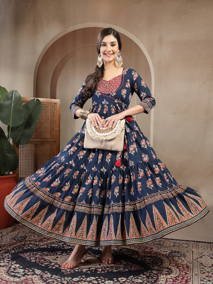 Cotton Ankle Length Printed 3/4 Sleeves Sweetheart Neck Anarkali Kurta