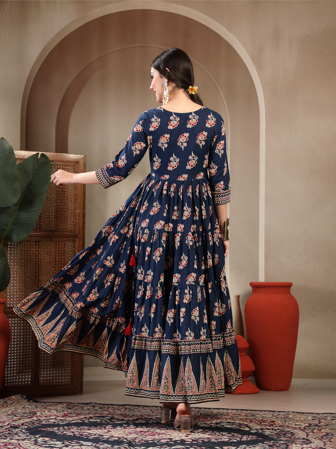 Cotton Ankle Length Printed 3/4 Sleeves Sweetheart Neck Anarkali Kurta