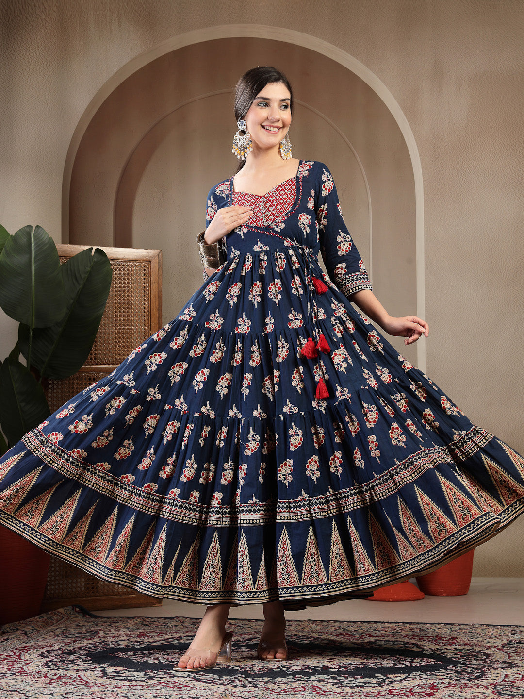 Cotton Ankle Length Printed 3/4 Sleeves Sweetheart Neck Anarkali Kurta