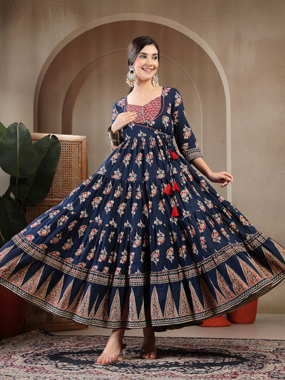 Cotton Ankle Length Printed 3/4 Sleeves Sweetheart Neck Anarkali Kurta (Pre-Order)
