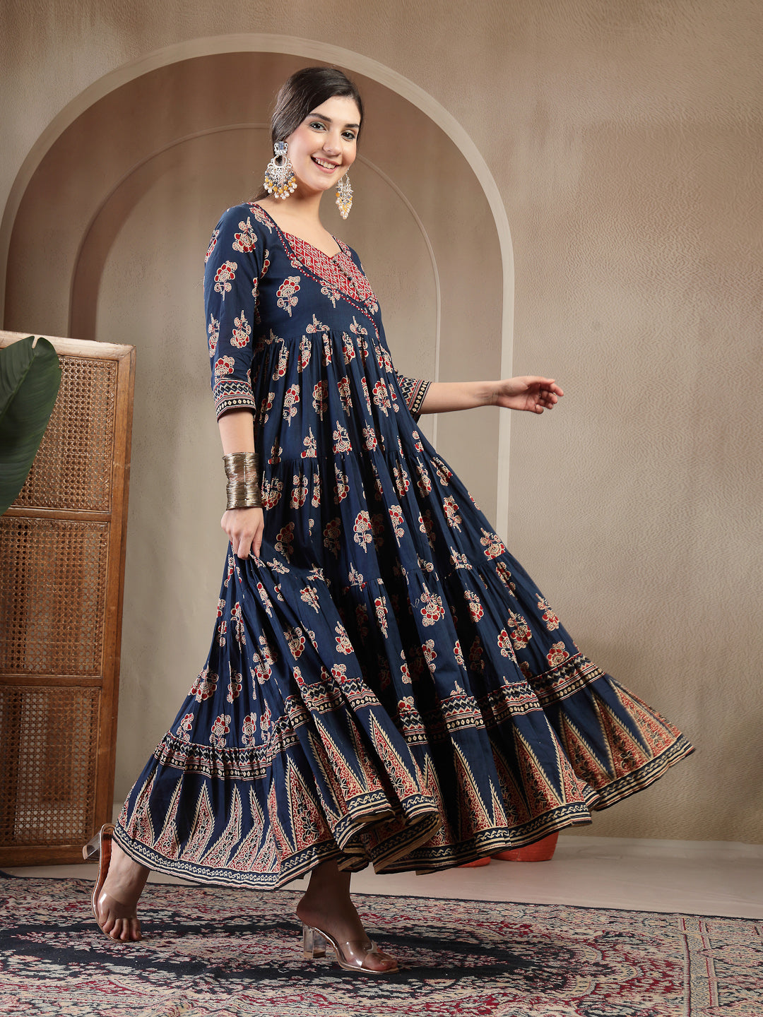 Cotton Ankle Length Printed 3/4 Sleeves Sweetheart Neck Anarkali Kurta