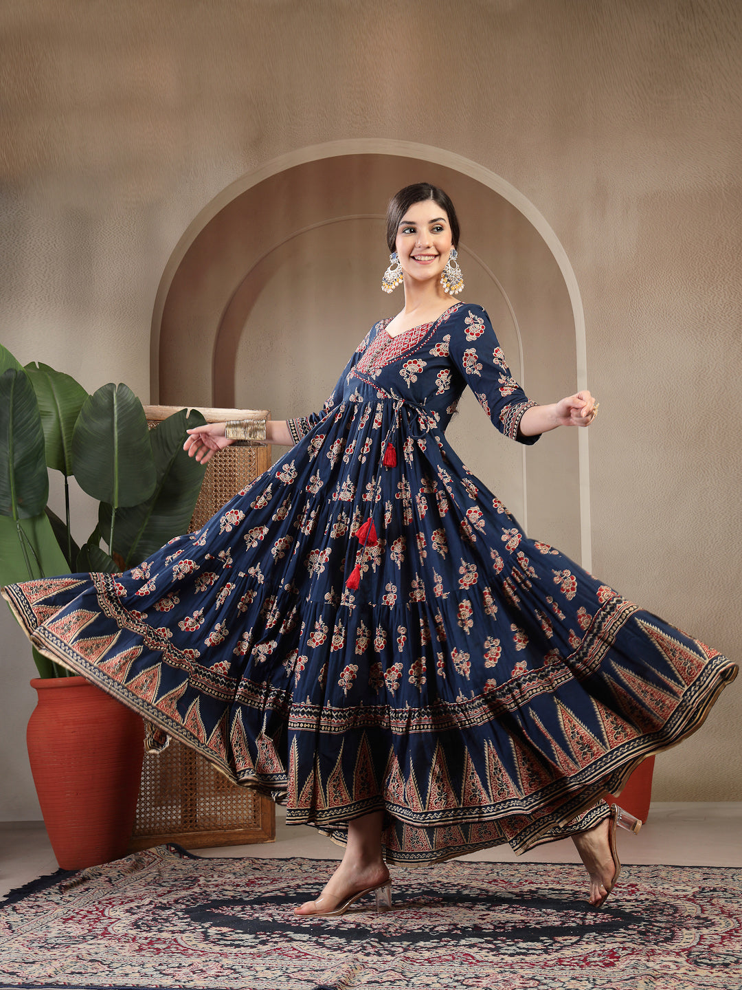 Cotton Ankle Length Printed 3/4 Sleeves Sweetheart Neck Anarkali Kurta