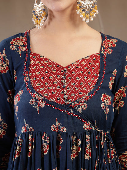 Cotton Ankle Length Printed 3/4 Sleeves Sweetheart Neck Anarkali Kurta