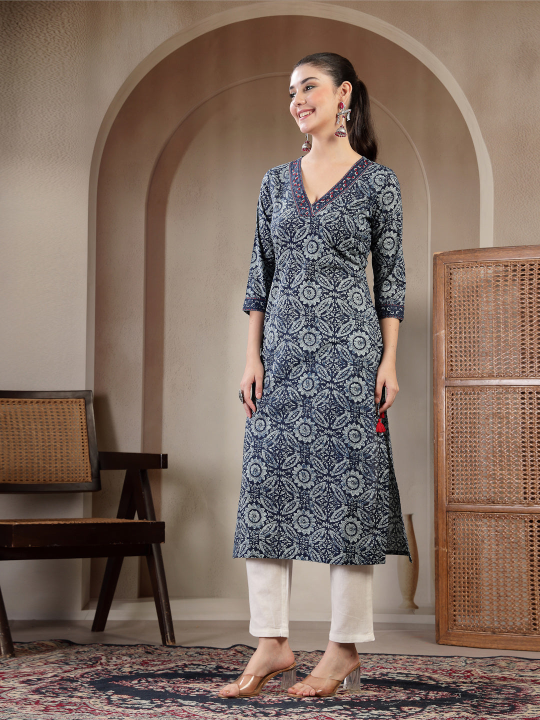 Cotton Calf Length Printed 3/4 Sleeves V-Neck Straight Kurta (Pre-Order)