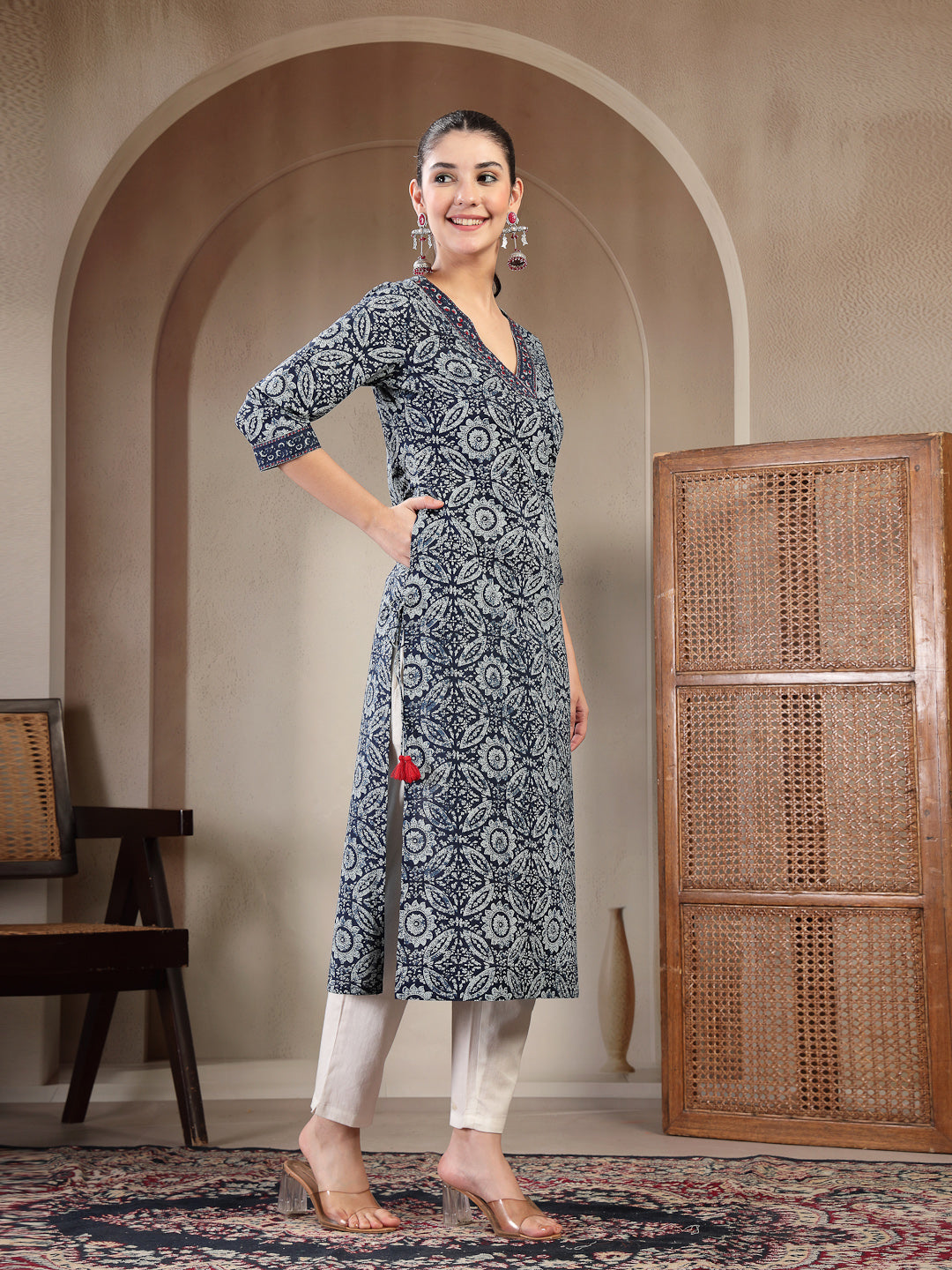 Cotton Calf Length Printed 3/4 Sleeves V-Neck Straight Kurta