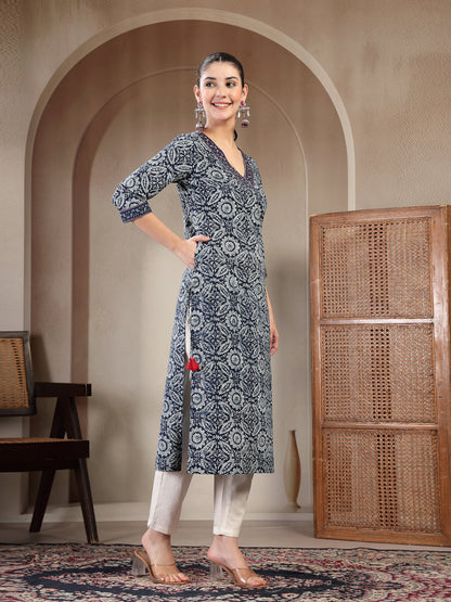 Cotton Calf Length Printed 3/4 Sleeves V-Neck Straight Kurta (Pre-Order)