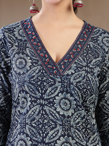 Cotton Calf Length Printed 3/4 Sleeves V-Neck Straight Kurta