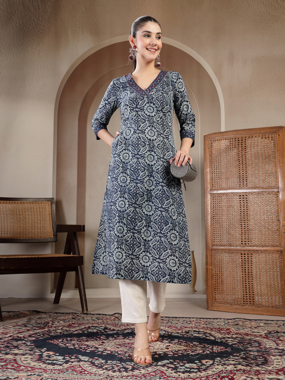Cotton Calf Length Printed 3/4 Sleeves V-Neck Straight Kurta