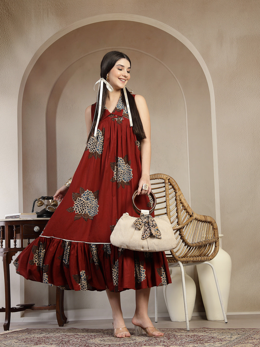 Cotton Calf Length Printed Sleeveless Collard Neck Flared Kurta