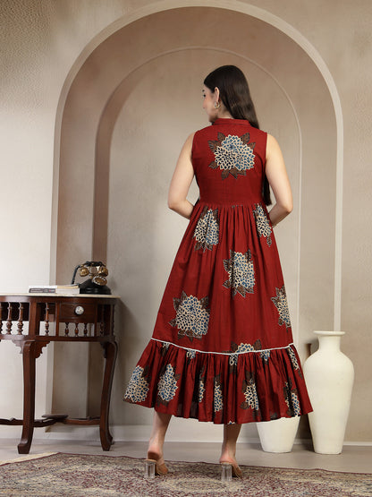 Cotton Calf Length Printed Sleeveless Collard Neck Flared Kurta