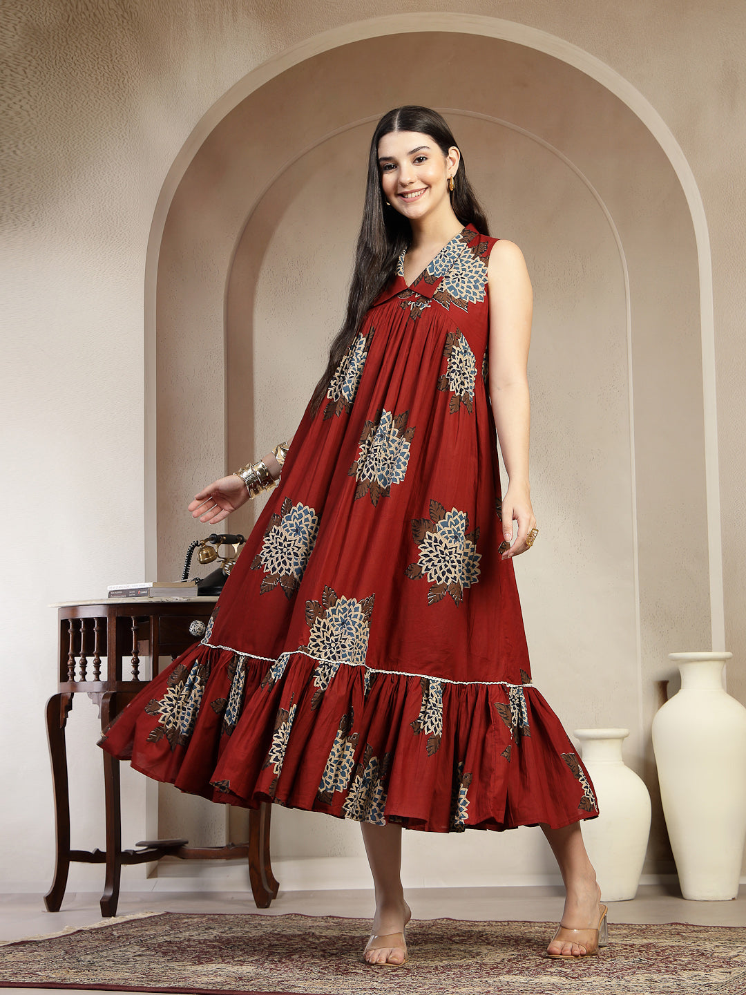 Cotton Calf Length Printed Sleeveless Collard Neck Flared Kurta (Pre-Order)