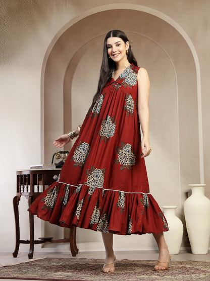 Cotton Calf Length Printed Sleeveless Collard Neck Flared Kurta (Pre-Order)