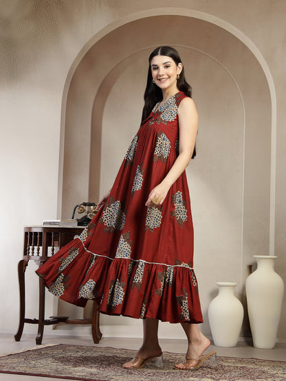 Cotton Calf Length Printed Sleeveless Collard Neck Flared Kurta