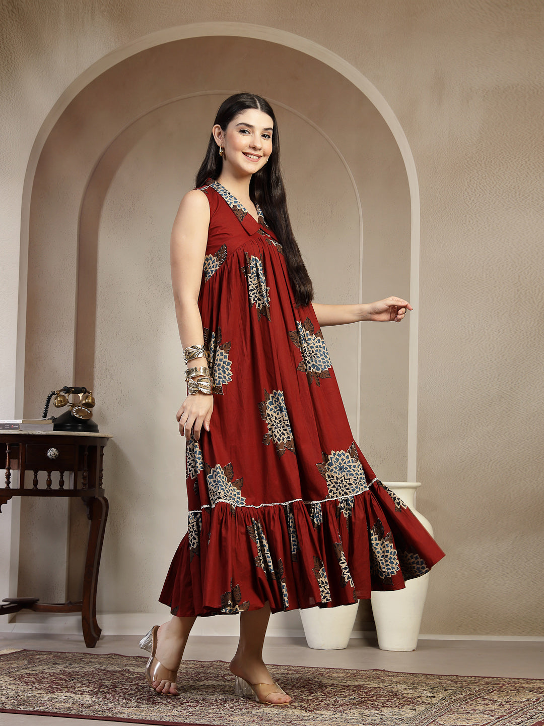 Cotton Calf Length Printed Sleeveless Collard Neck Flared Kurta (Pre-Order)