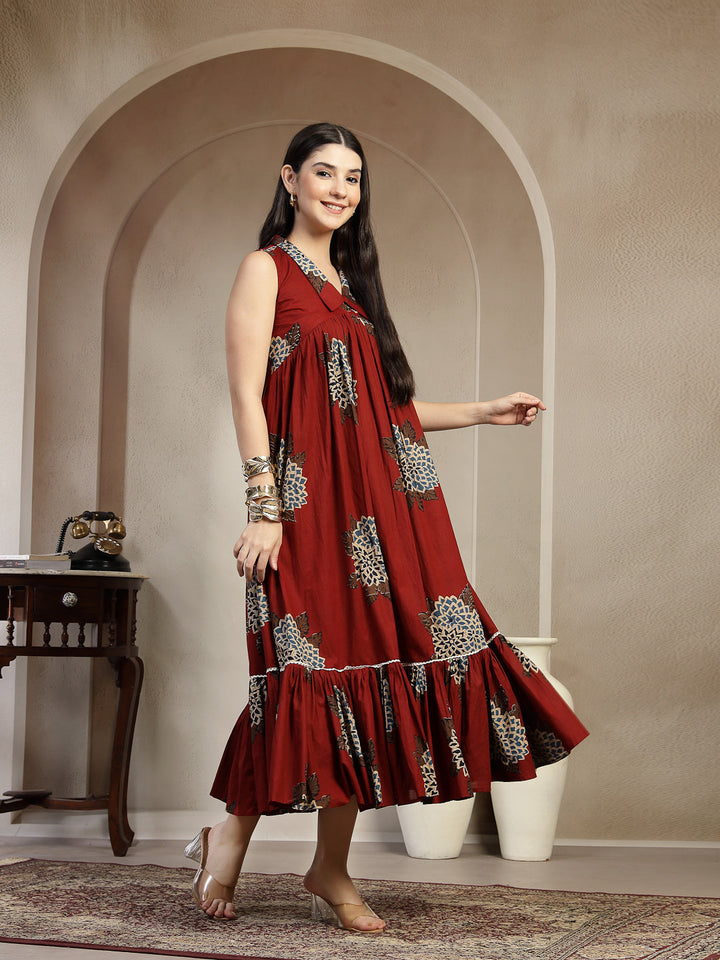 Cotton Calf Length Printed Sleeveless Collard Neck Flared Kurta