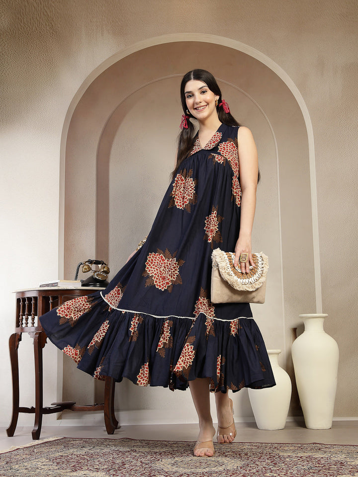 Cotton Calf Length Printed Sleeveless Collard Neck Flared Kurta