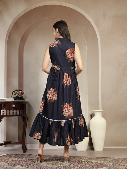 Cotton Calf Length Printed Sleeveless Collard Neck Flared Kurta