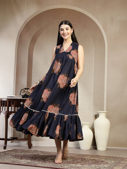 Cotton Calf Length Printed Sleeveless Collard Neck Flared Kurta (Pre-Order)