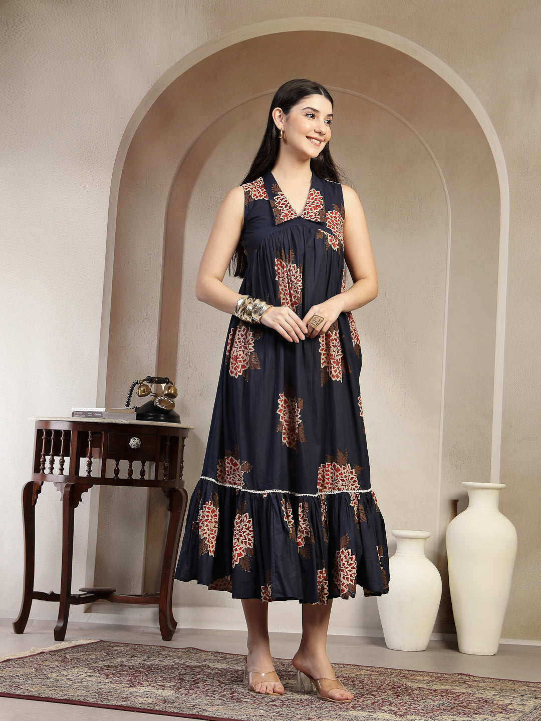 Cotton Calf Length Printed Sleeveless Collard Neck Flared Kurta