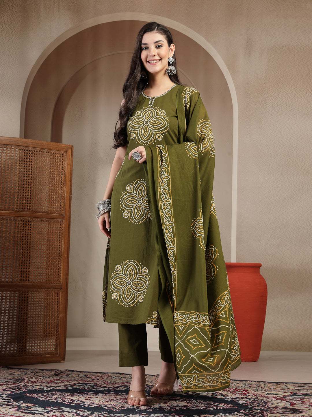 Cotton Calf Length Printed Sleeveless Round Neck Straight Kurta Suit Set With Dupatta