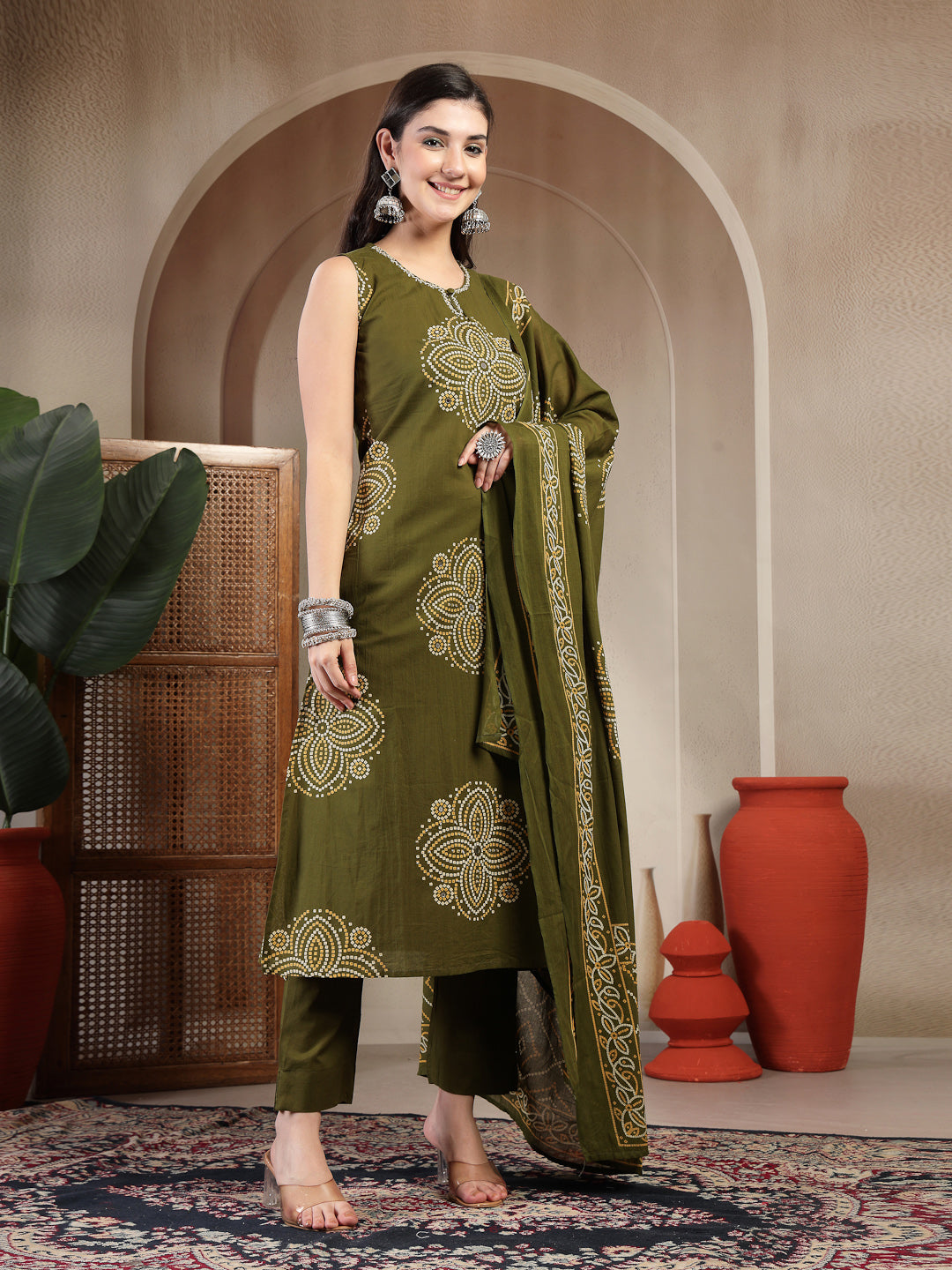 Cotton Calf Length Printed Sleeveless Round Neck Straight Kurta Suit Set With Dupatta (Pre-Order)