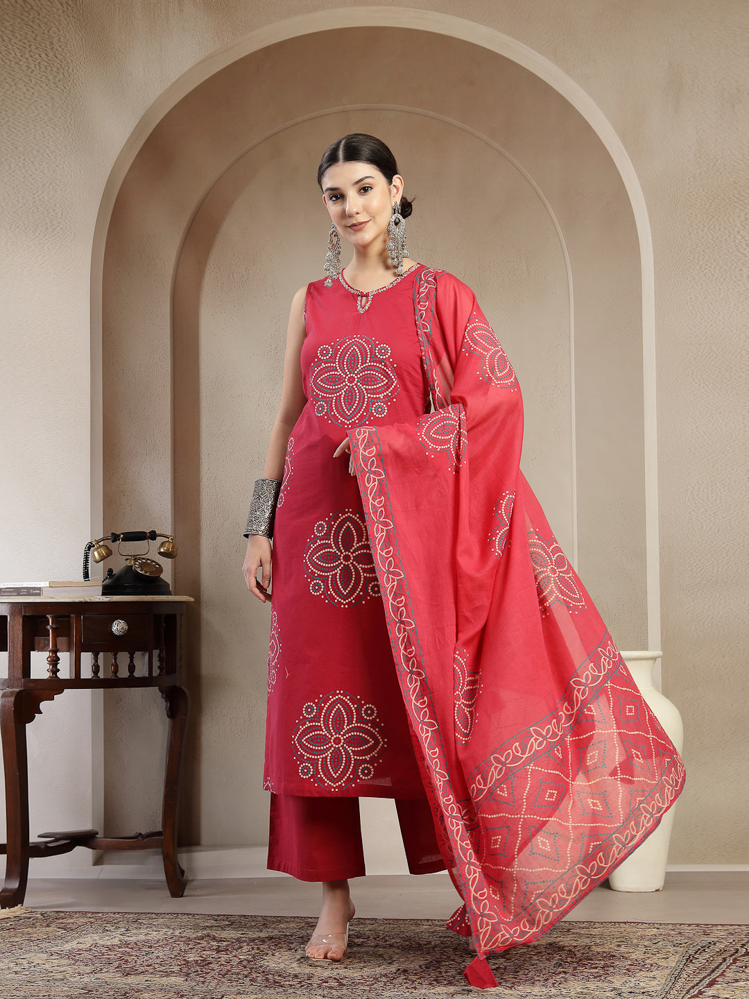 Cotton Calf Length Printed Sleeveless Round Neck Straight Kurta Suit Set With Dupatta