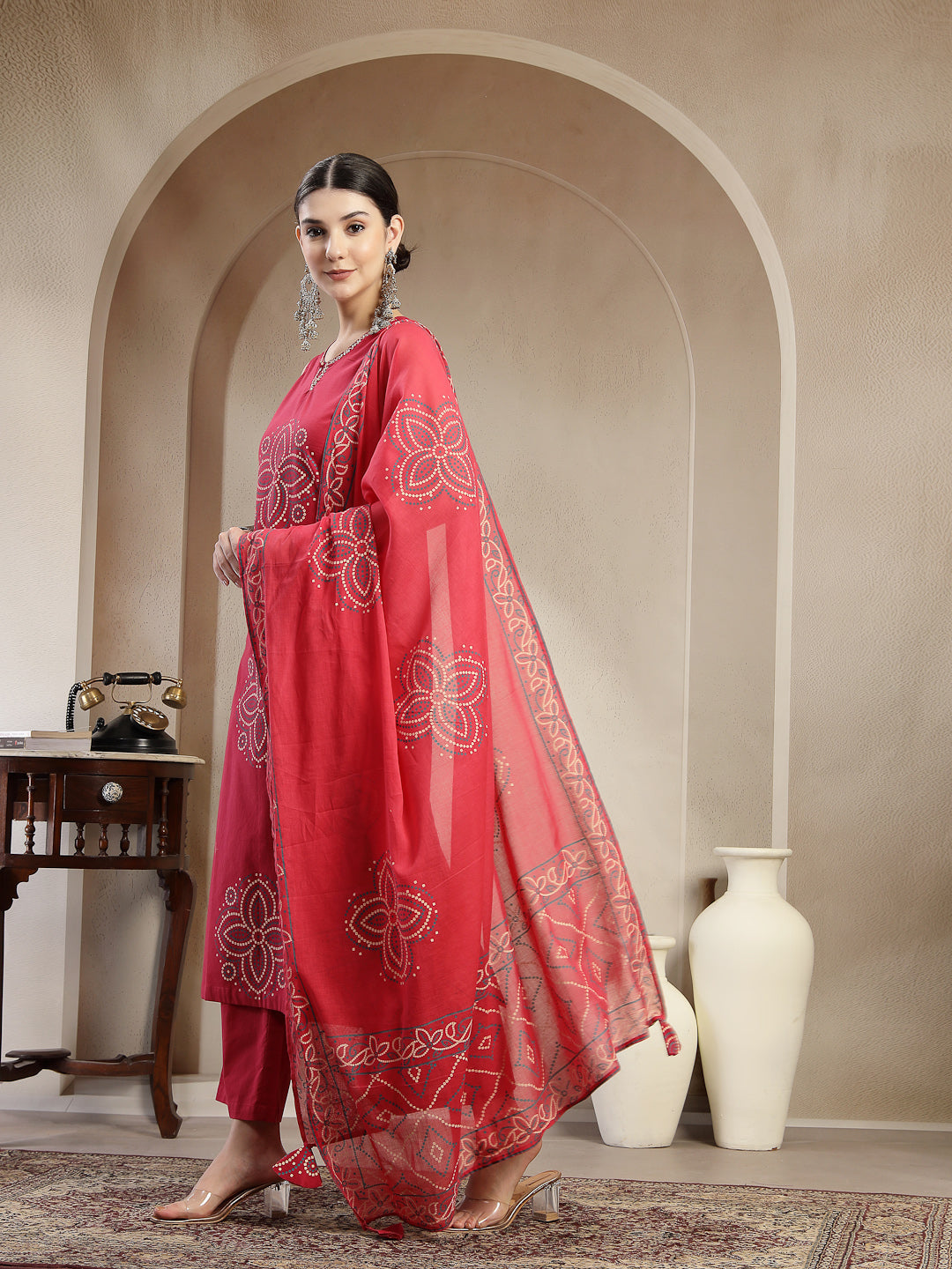 Cotton Calf Length Printed Sleeveless Round Neck Straight Kurta Suit Set With Dupatta